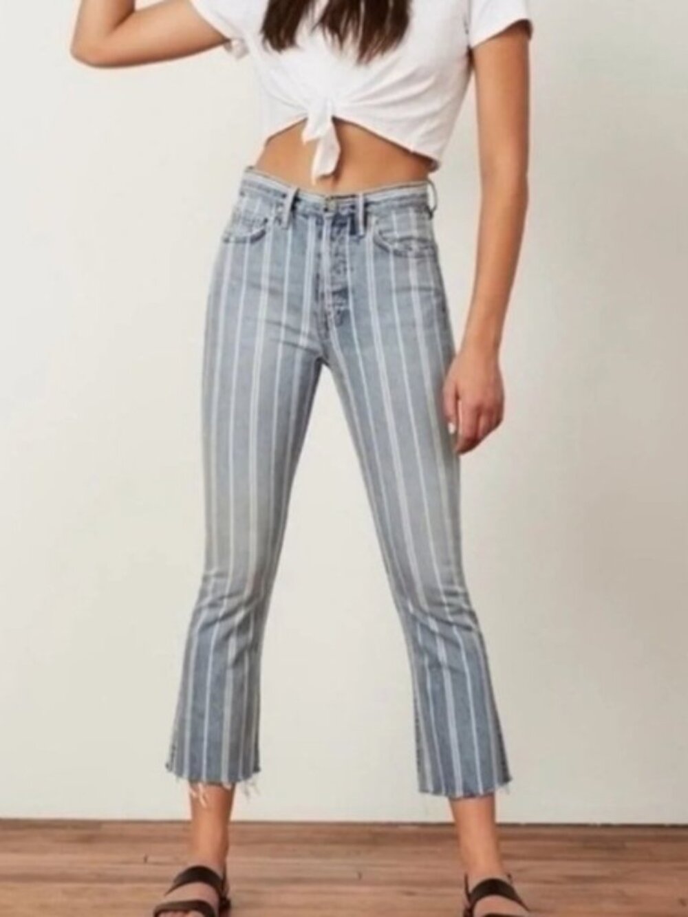 BOYISH STRIPED HIGH RISE RAW HEM STANLEY CROPPED JEANS-25